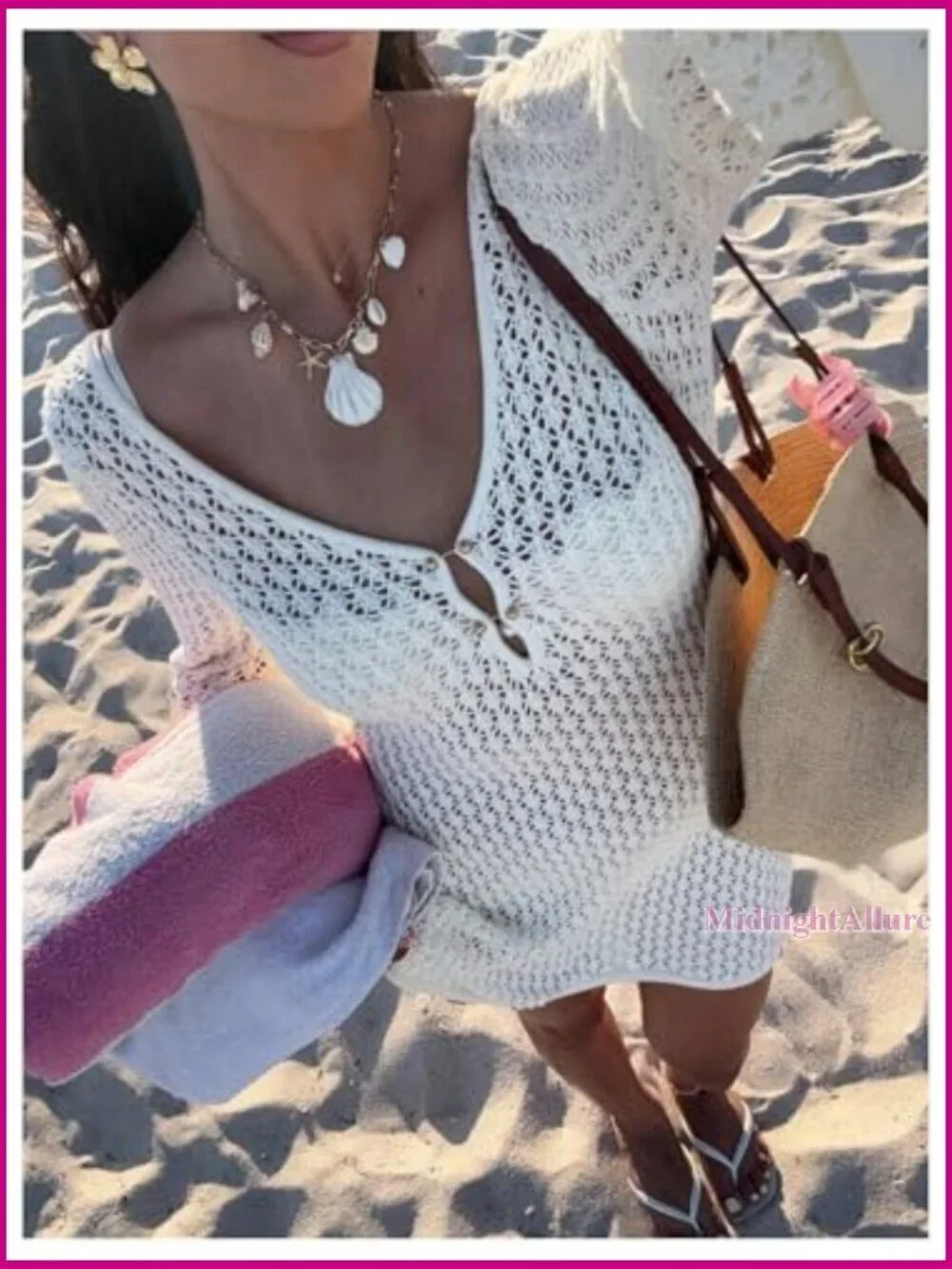 Long Sleeve Crochet Beach Cover Up Hollow Out Mesh Swim Dress